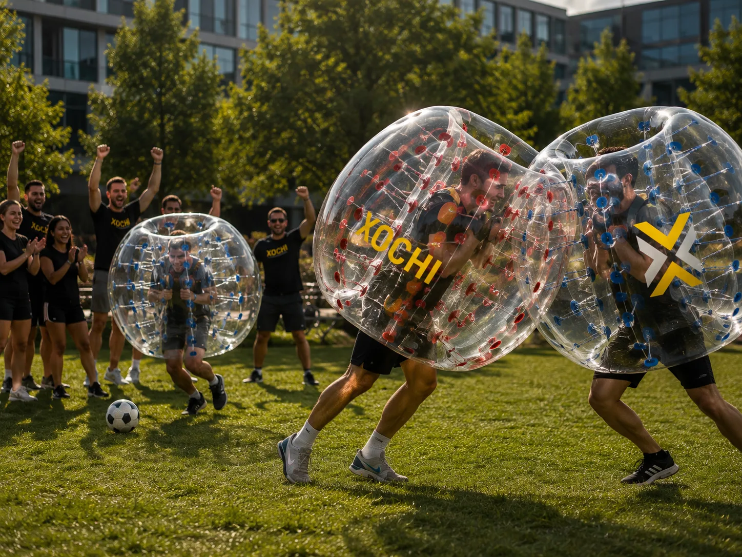 Collega's spelen bubble football tijdens een teambuilding