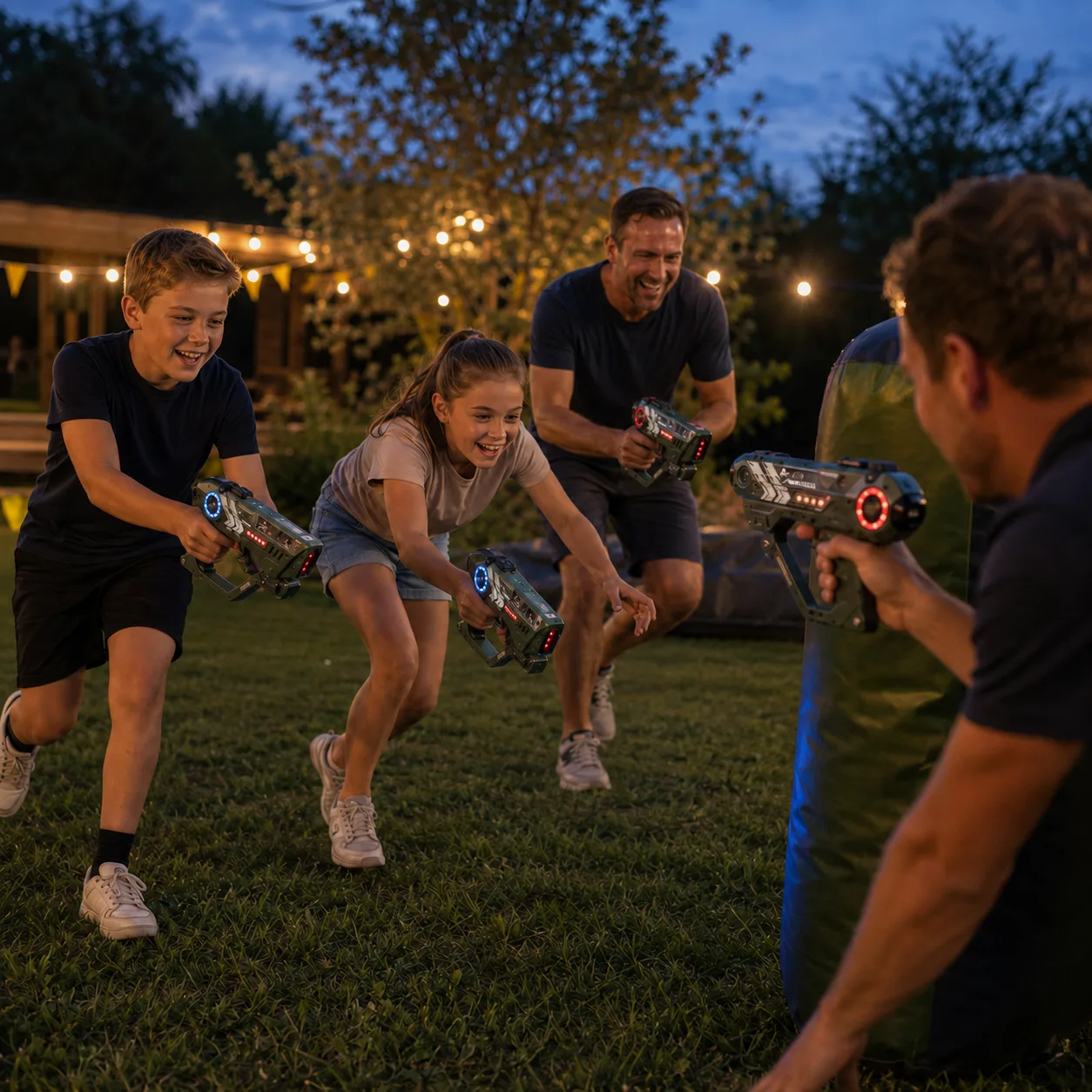 Familie speelt Lightbattle samen tijdens een verjaardagsfeest