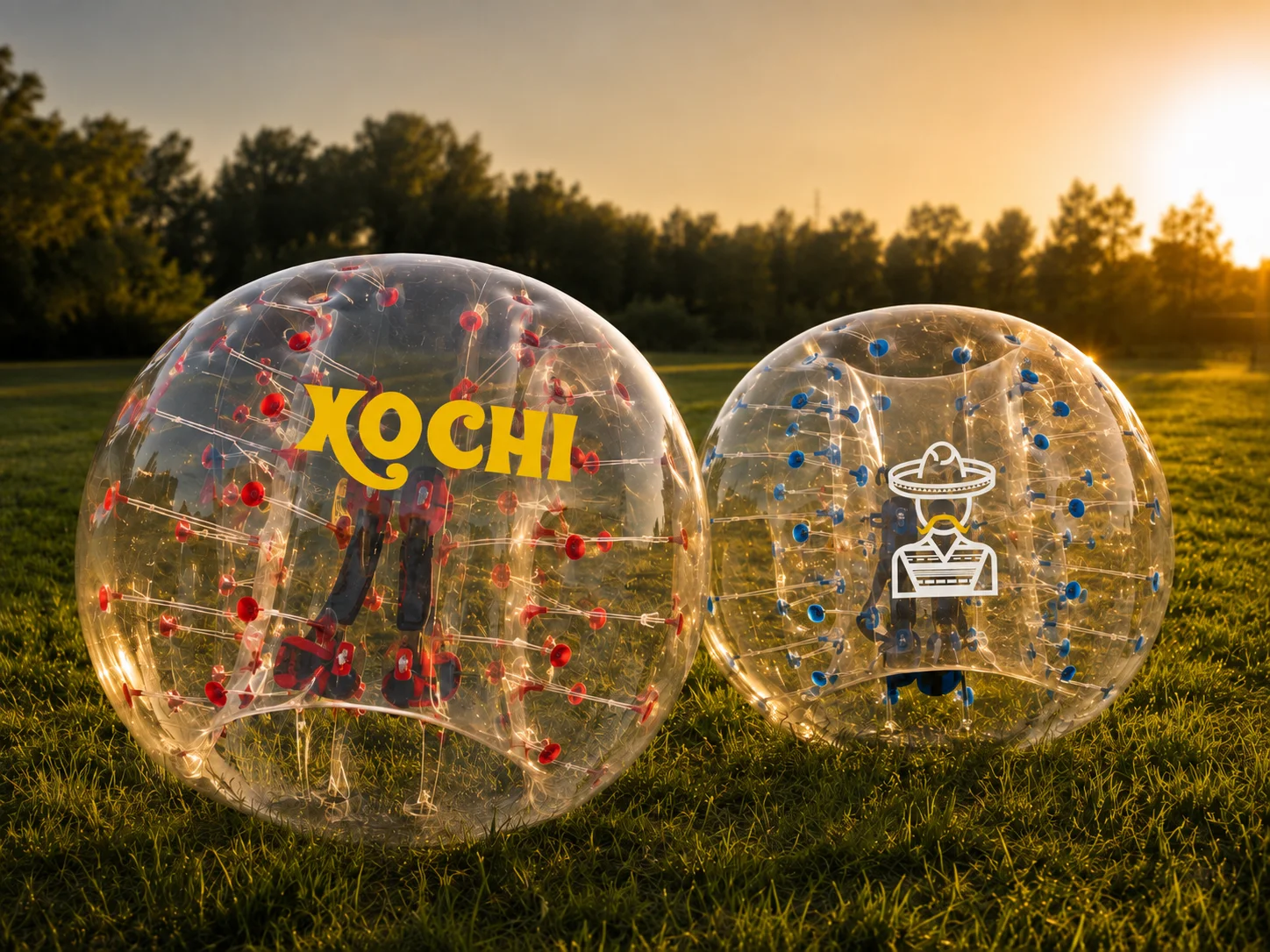 Twee bubble football bubbels met XOCHI-branding in het gouden uur