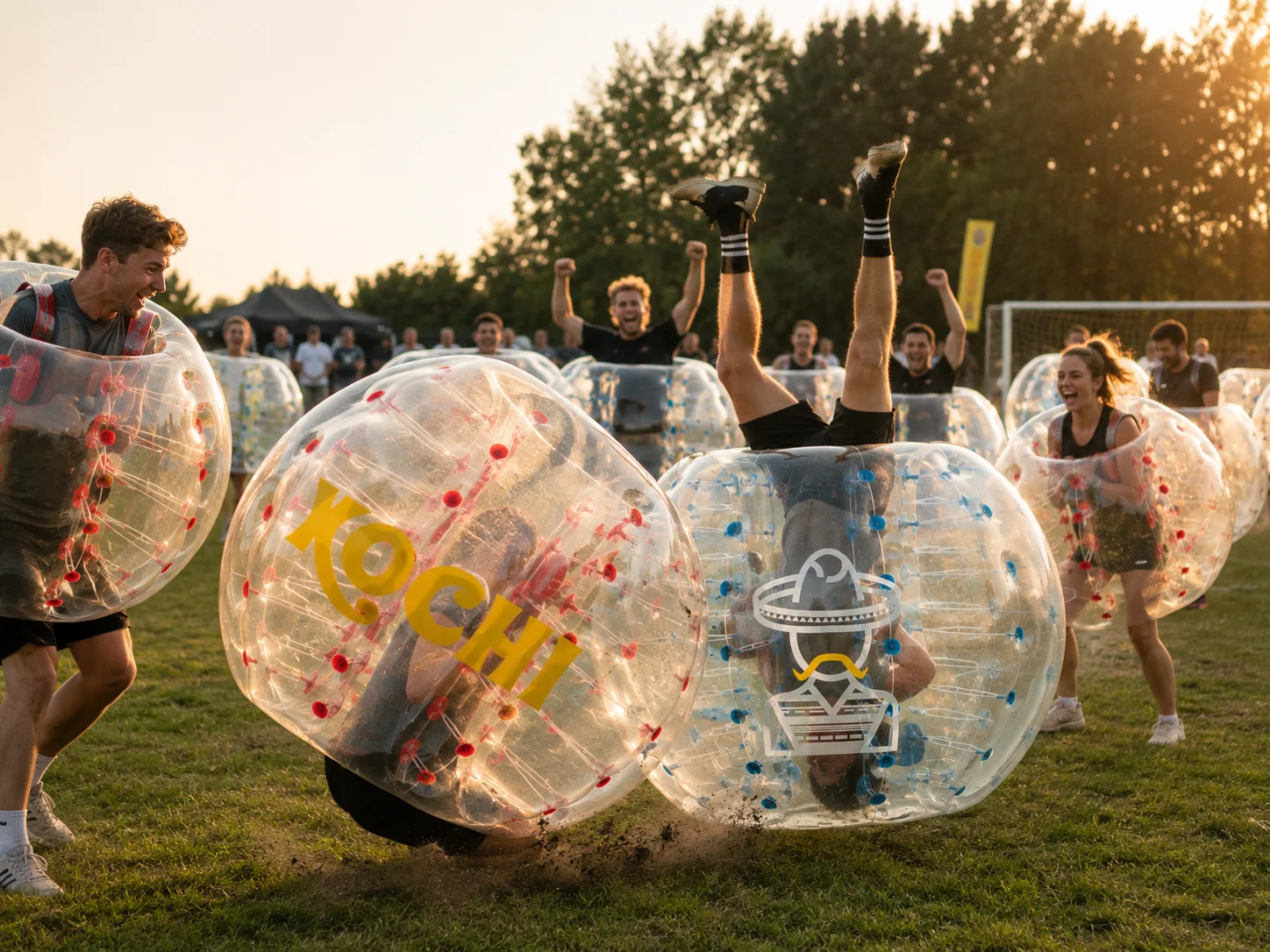 Botsende spelers tijdens bubble football, eentje ondersteboven