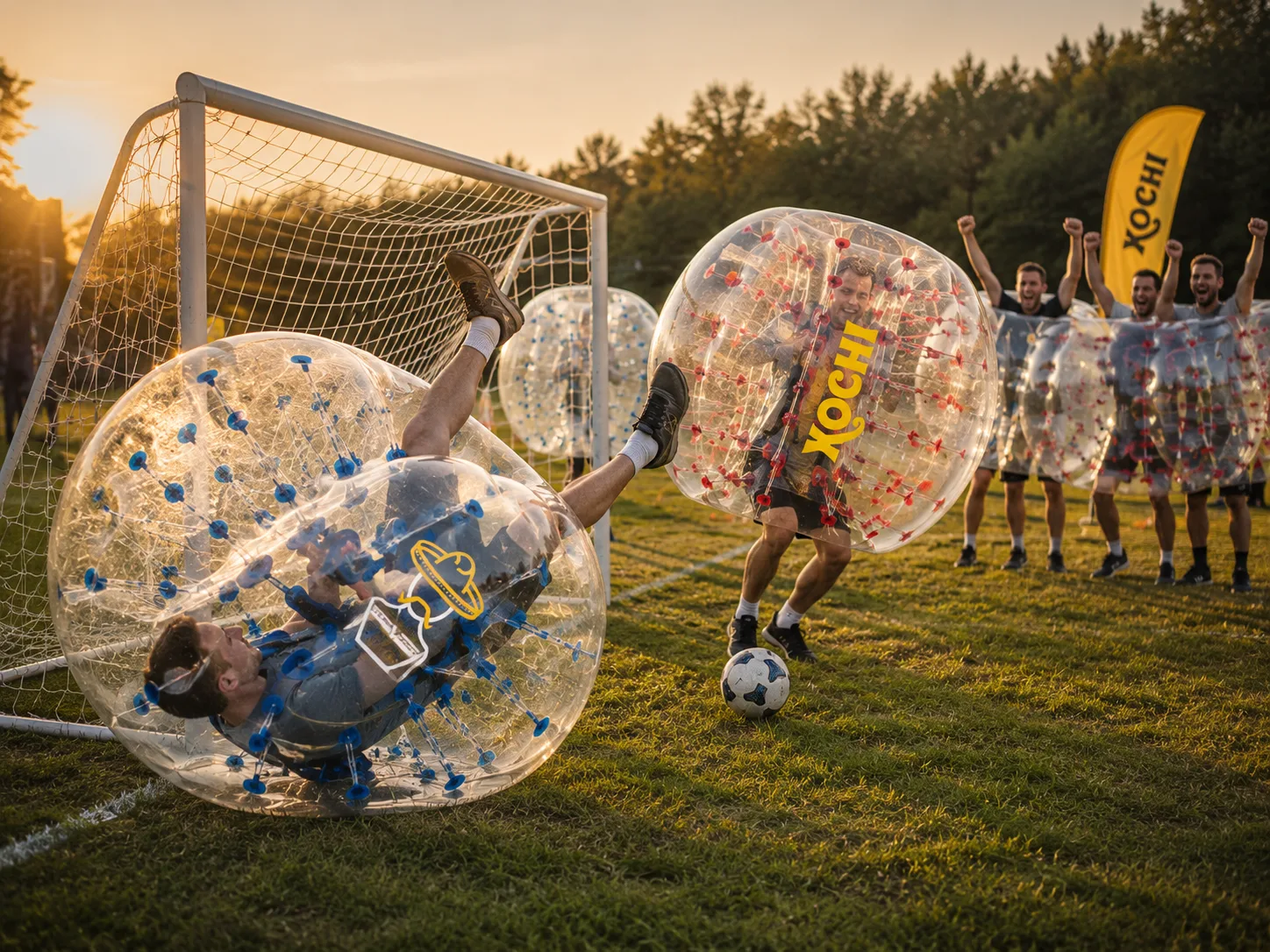 Speler rolt over de doellijn tijdens bubble football
