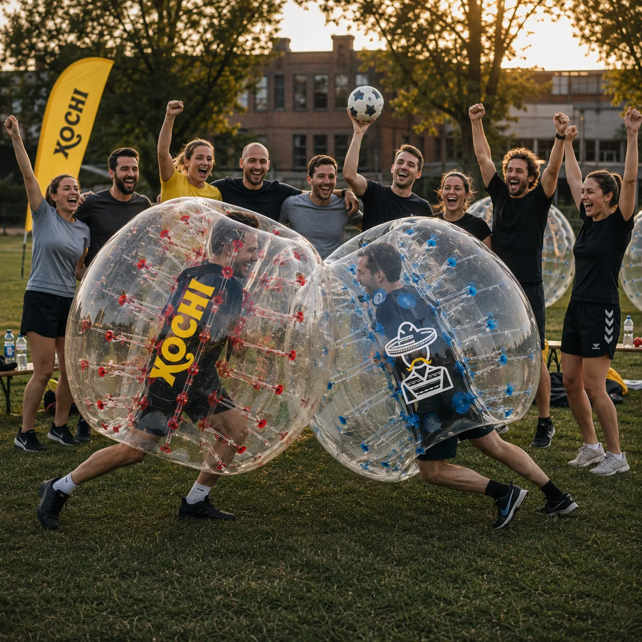 Bedrijfsteam speelt bubble football tijdens een teambuilding