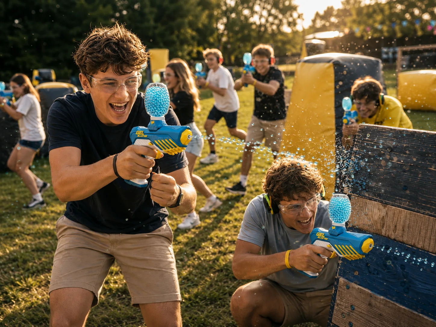 Spelers in actie met gel blasters en spattende gellets