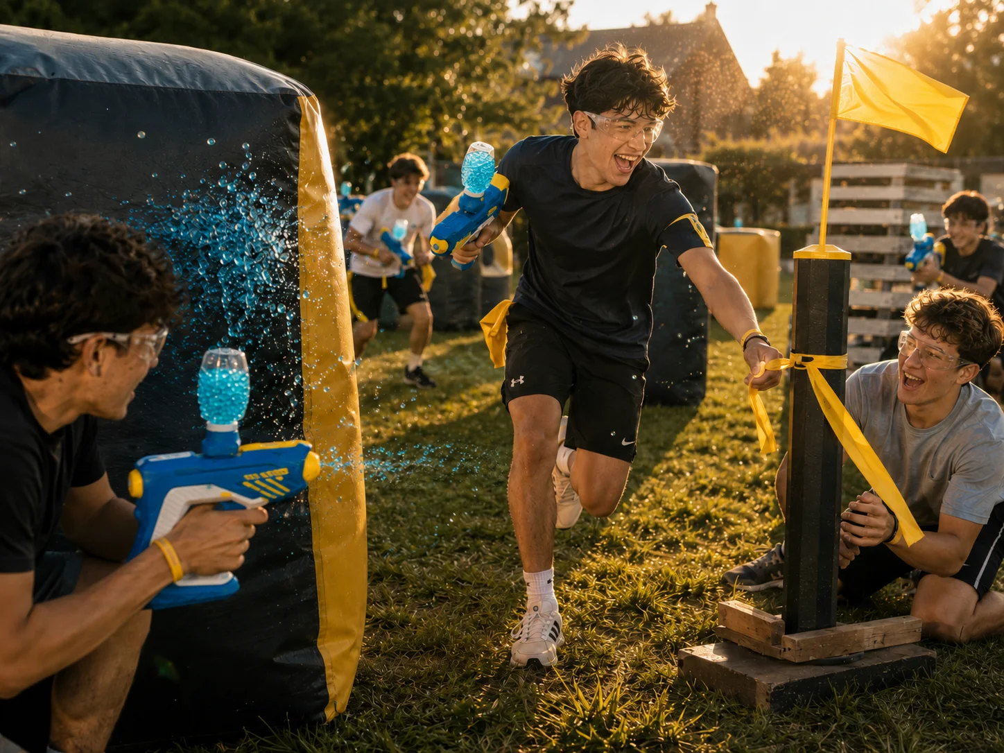 Capture the flag met gel blasters in het gouden uur