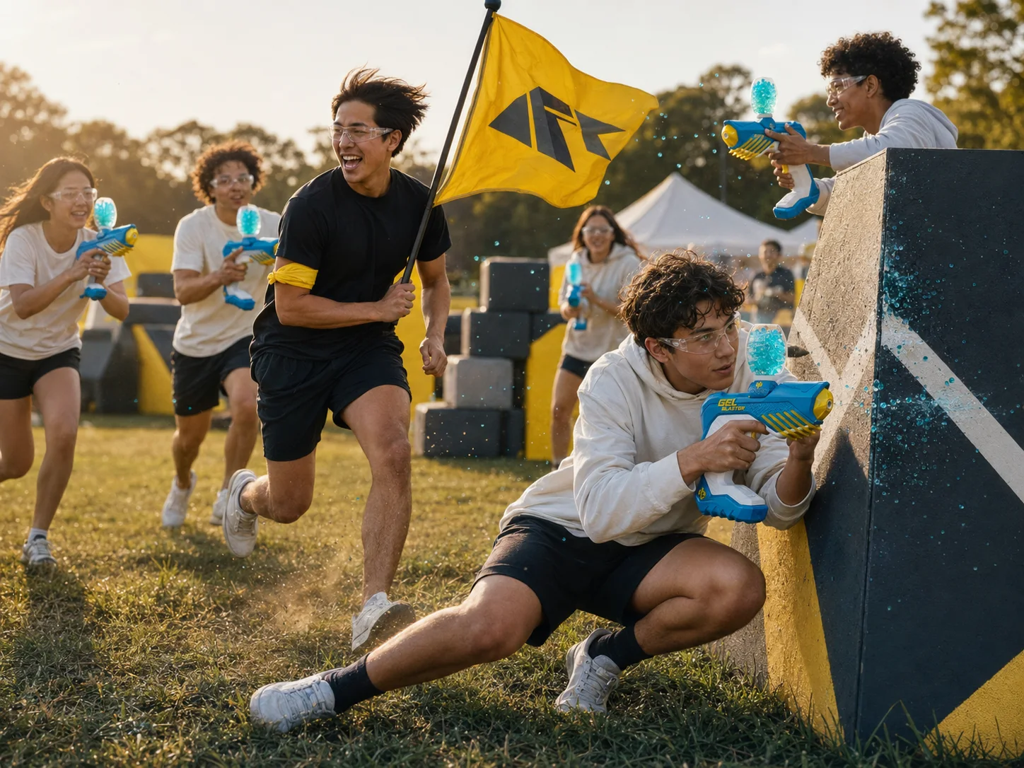 Team verovert de gele vlag tijdens een gel blaster-spel
