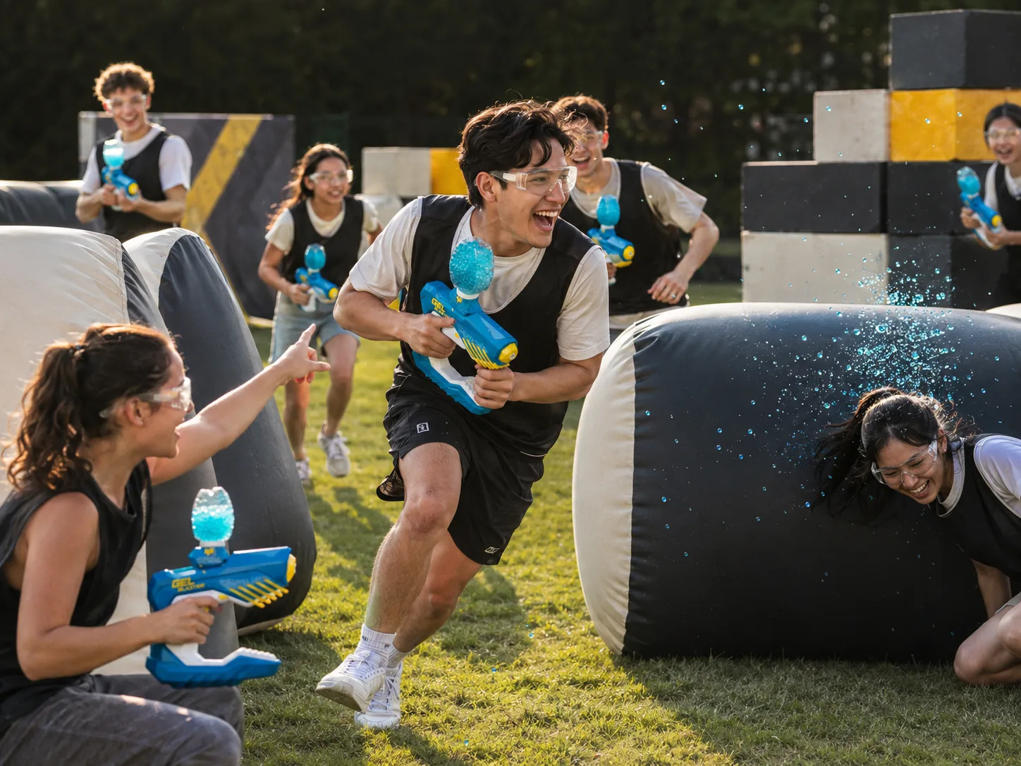 Spelers sprinten in crossfire tijdens een gel blaster-partij