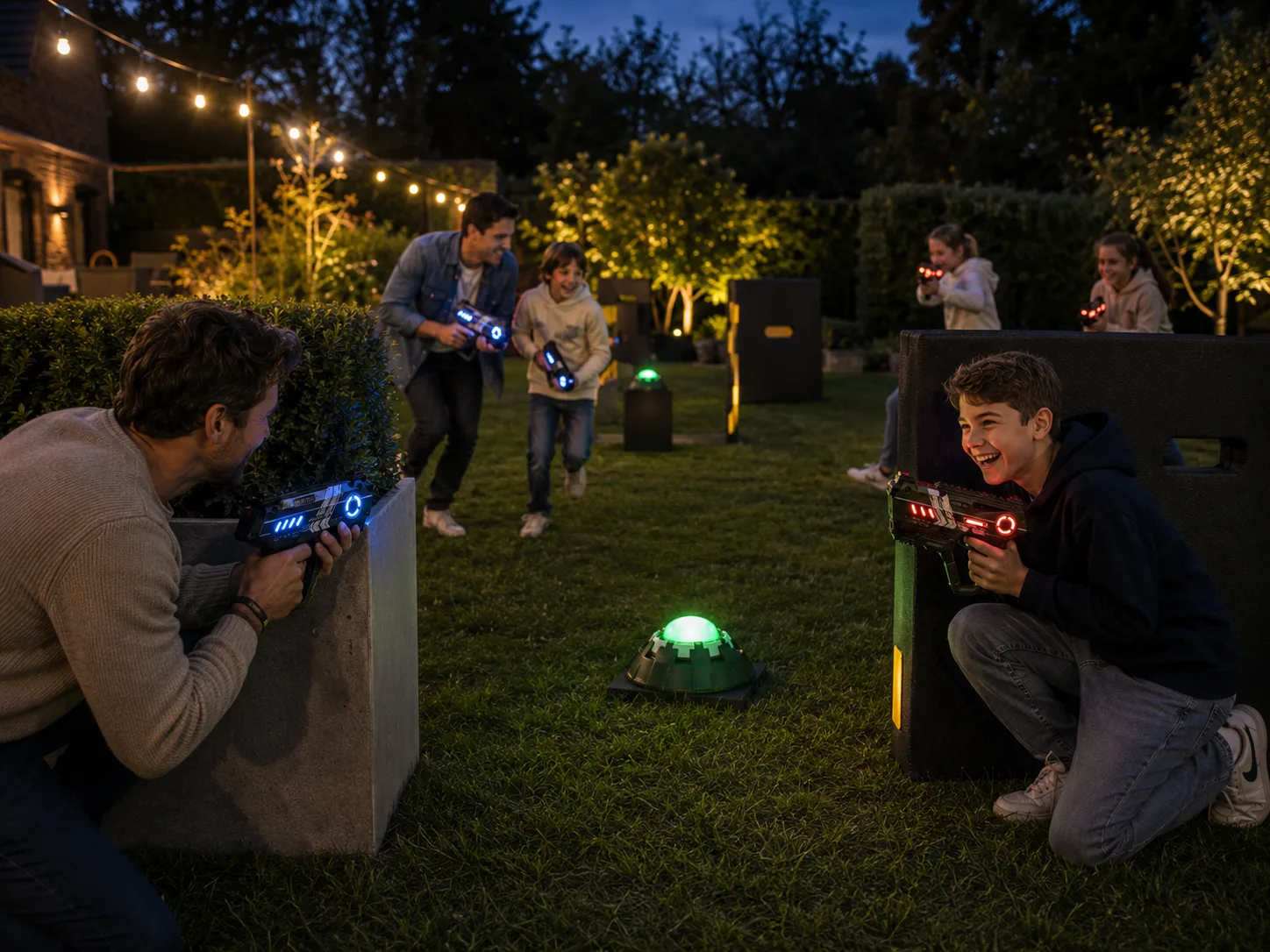 Familie speelt Lightbattle samen in de tuin