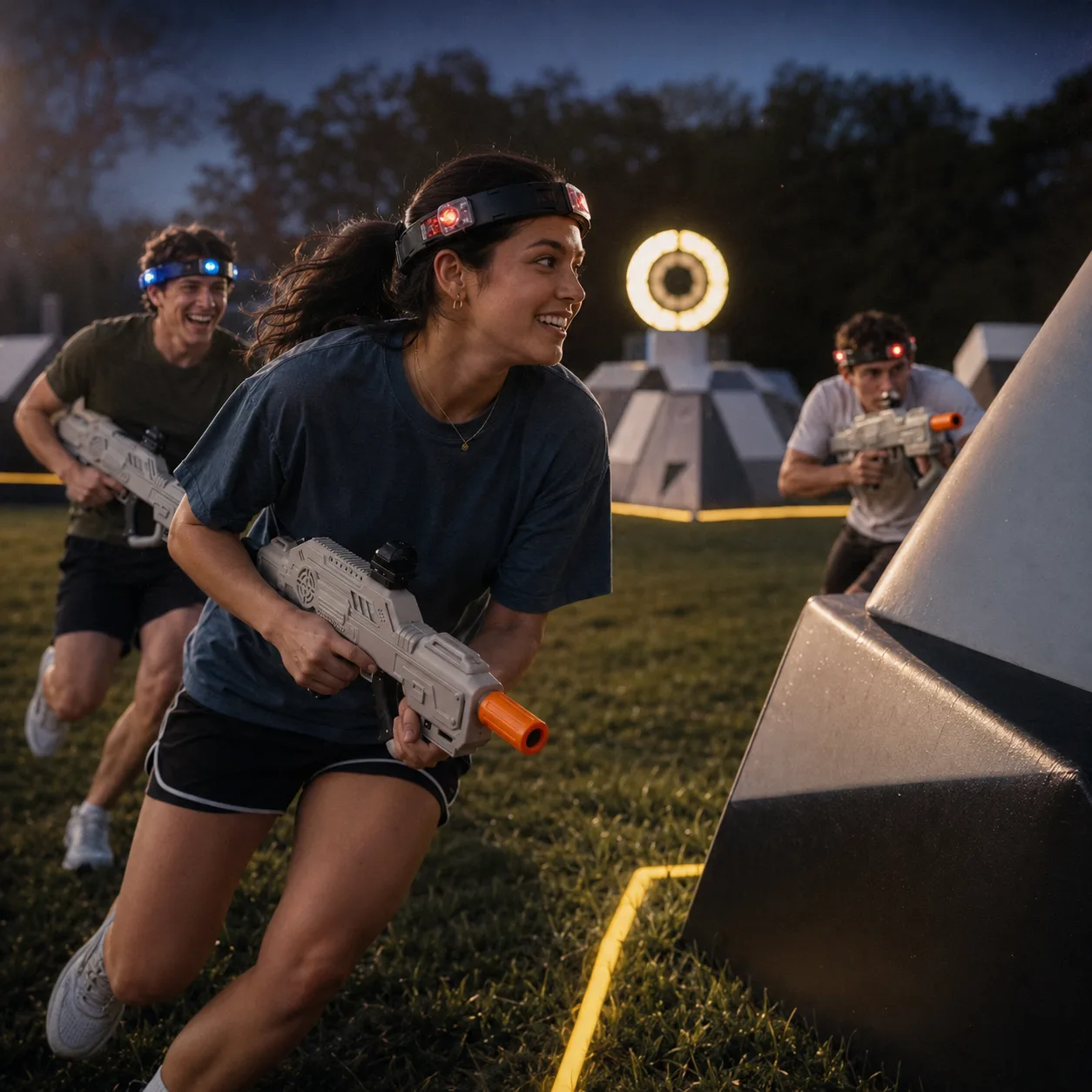 Speler sprint naar de finale zone tijdens een BRX-lasertagmissie