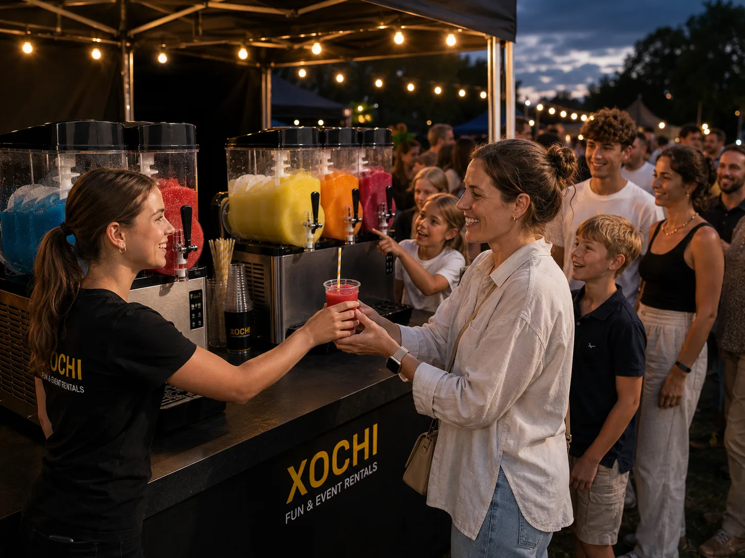 Rij aanschuivende kinderen bij de slushstand