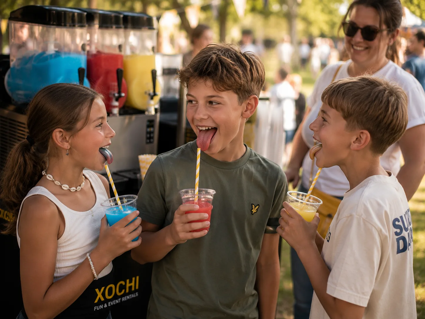 Kinderen met gekleurde tongen na de slush